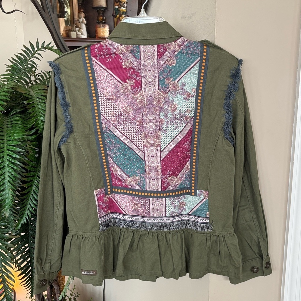 Matilda Jane Floral Patchwork Ruffle Hem Military Button Up Jacket Army Green